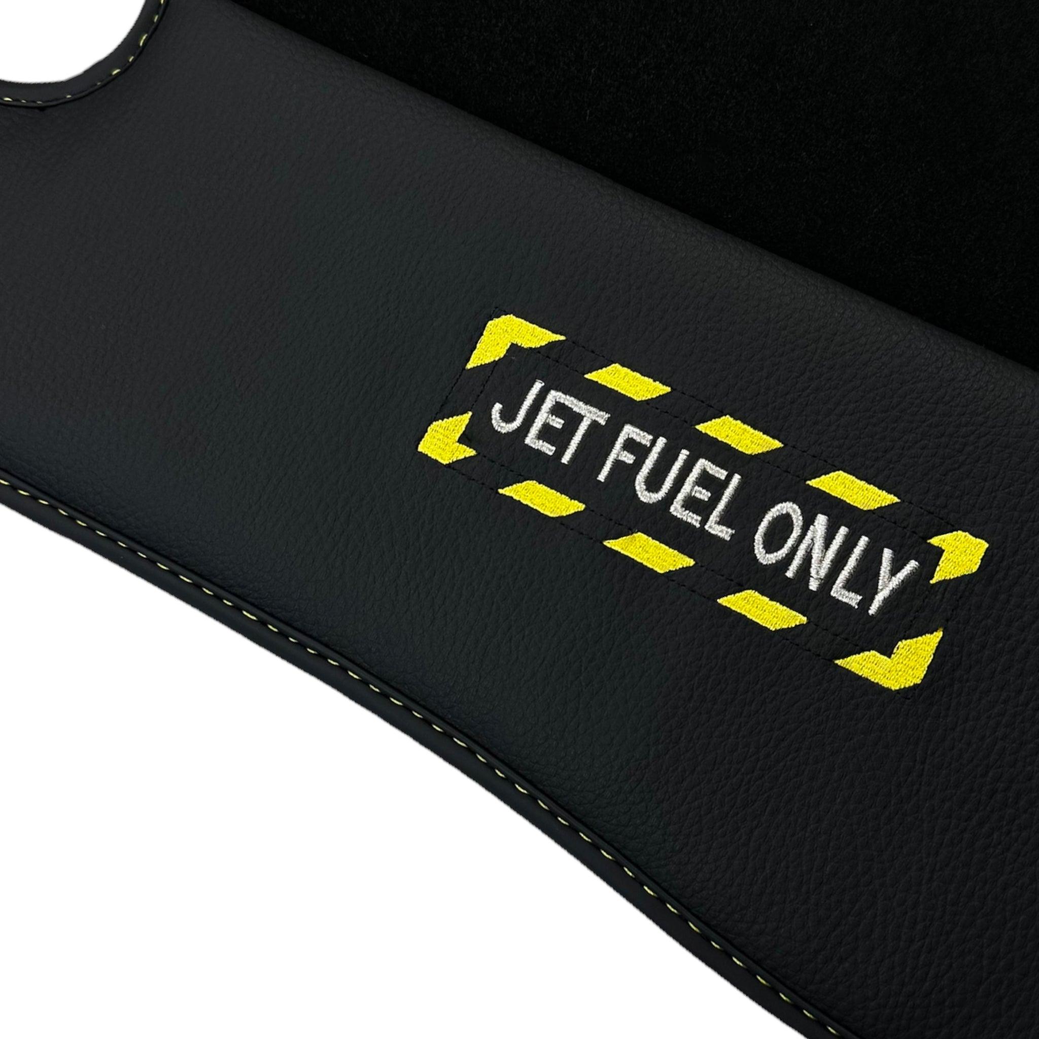 Black Floor Mats with Leather for Mercedes Benz E-Class W213 Sedan (2016-2020) - "Jet Fuel Only" - AutoWin