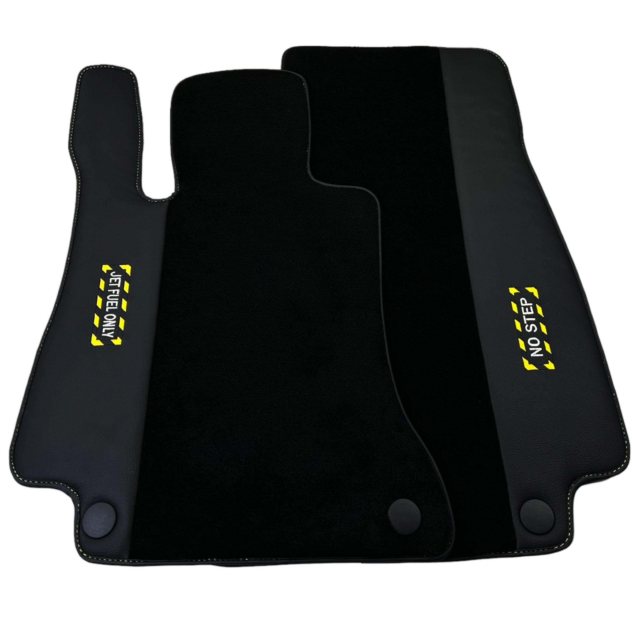 Black Floor Mats with Leather for Mercedes Benz E-Class W213 Sedan (2016-2020) - "Jet Fuel Only" - AutoWin
