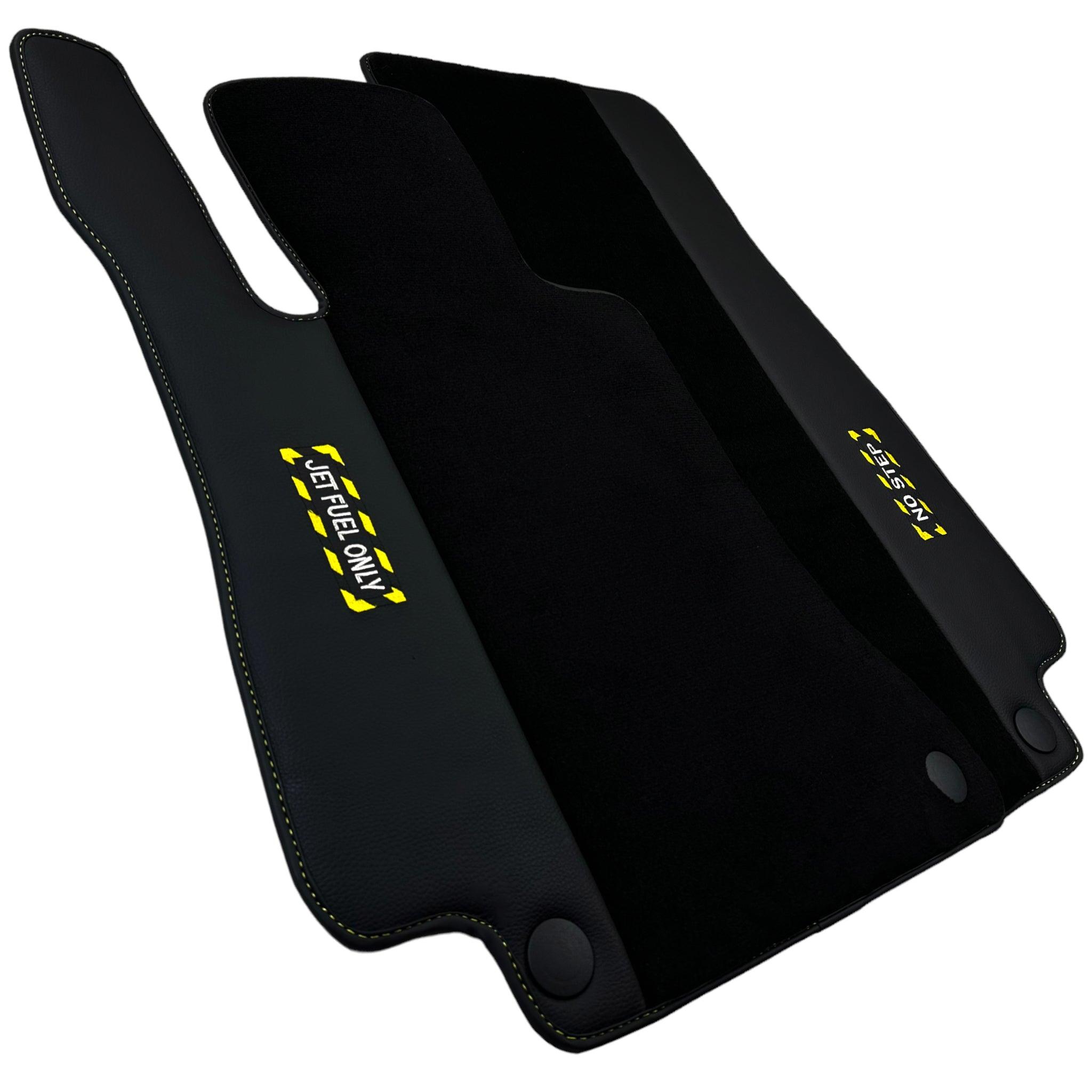 Black Floor Mats with Leather for Mercedes Benz E-Class W213 Sedan (2016-2020) - "Jet Fuel Only" - AutoWin