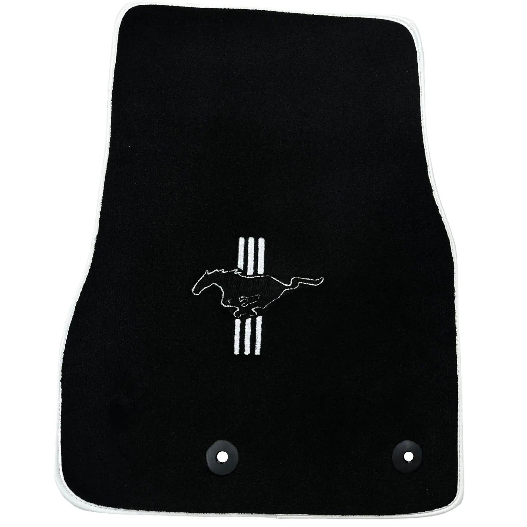 Black Floor Mats with White Trim for Ford Mustang V FL (2011-2014) With Pony - AutoWin