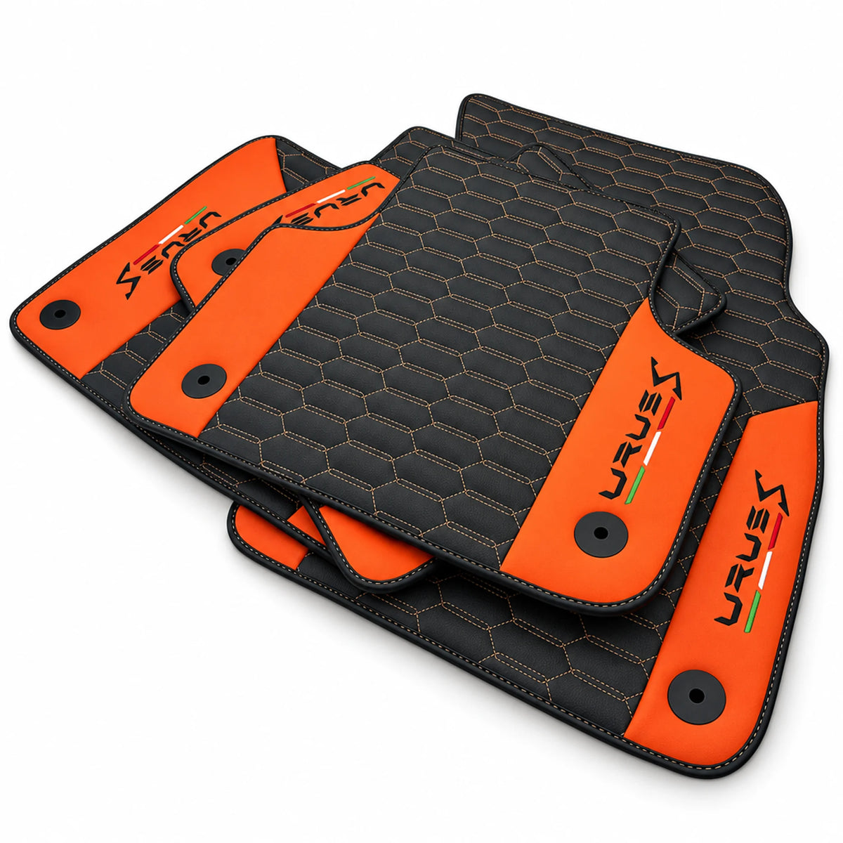 Black Leather Floor Mats For Lamborghini Urus S With Orange Nappa Leather - AutoWin
