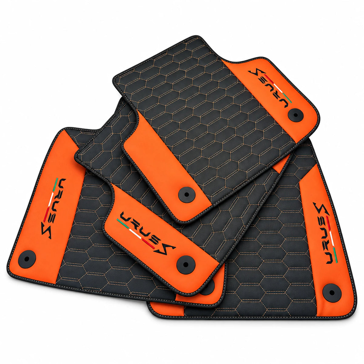Black Leather Floor Mats For Lamborghini Urus S With Orange Nappa Leather - AutoWin