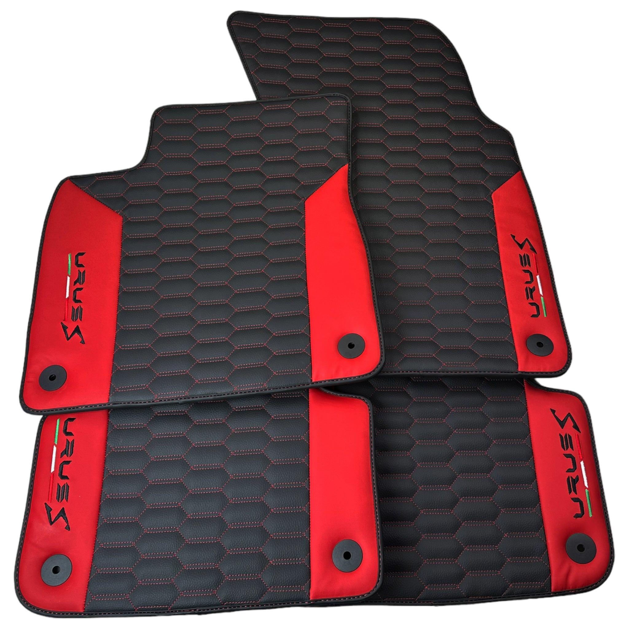 Black Leather Floor Mats For Lamborghini Urus S With Red Nappa Leather - AutoWin