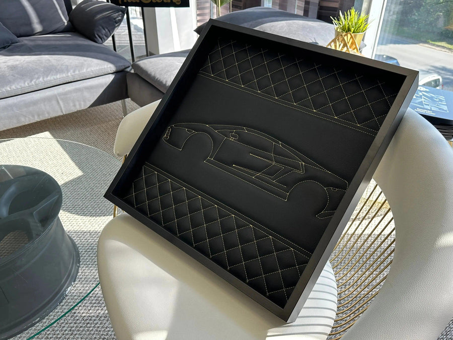 Black Leather Lamborghini Gallardo Inspired Wall Art: Embroidered Yellow Stitch Luxury Decor - AutoWin