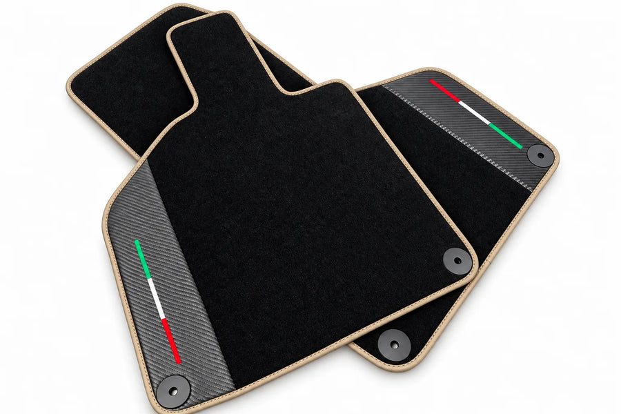 Custom Black Floor Mats for Lamborghini Huracan with Carbon Fiber Leather Beige trim