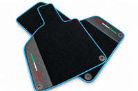 Custom Black Floor Mats for Lamborghini Huracan with Carbon Fiber Leather Light Blue trim