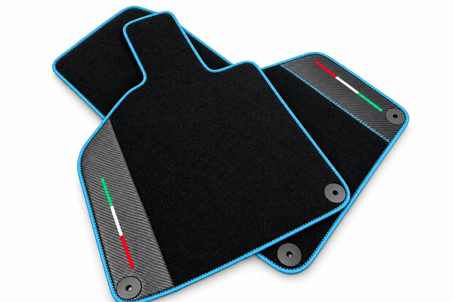 Custom Black Floor Mats for Lamborghini Huracan with Carbon Fiber Leather Light Blue trim