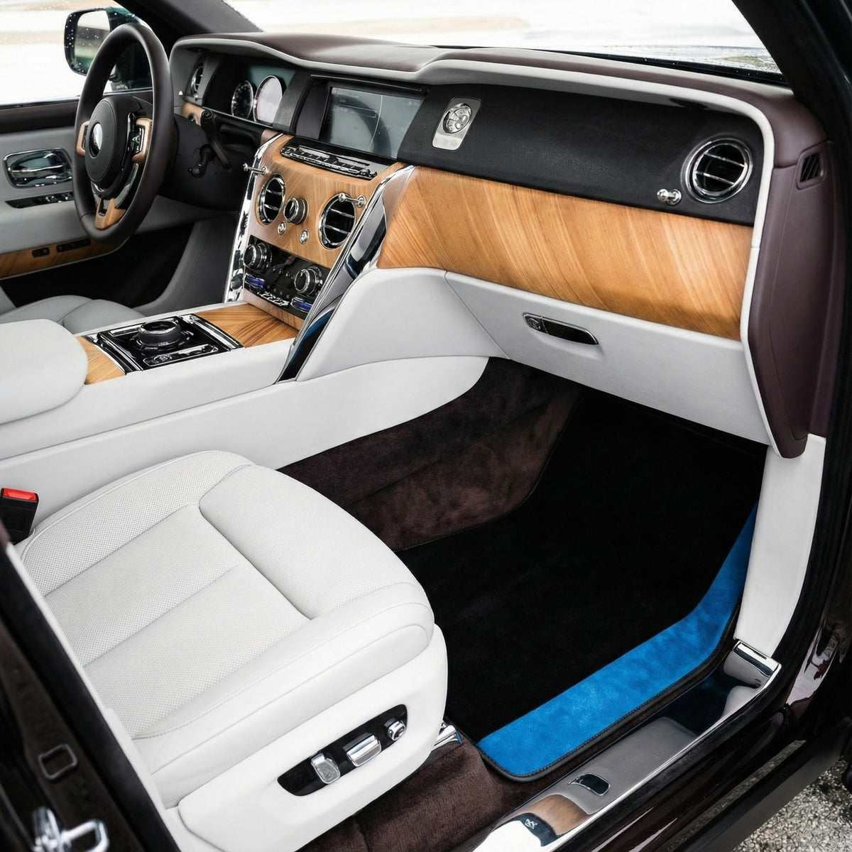 Interior look of floor mats for Custom Black Floor Mats For Rolls Royce Black Badge Cullinan Blue Alcantara
