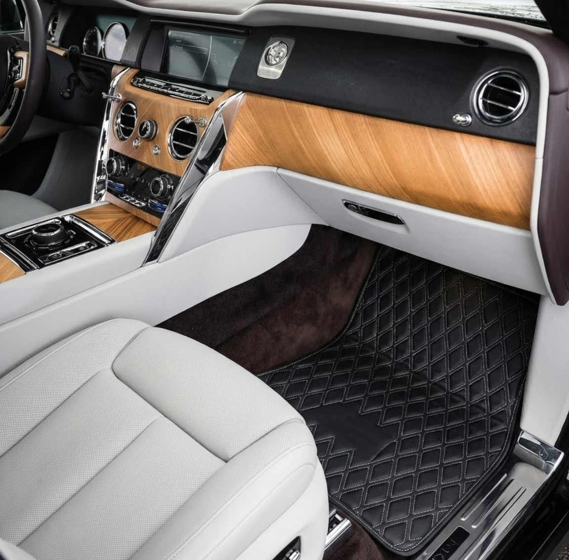 Interior look of floor mats for Rolls Royce Cullinan (2018-2025) White Stitching