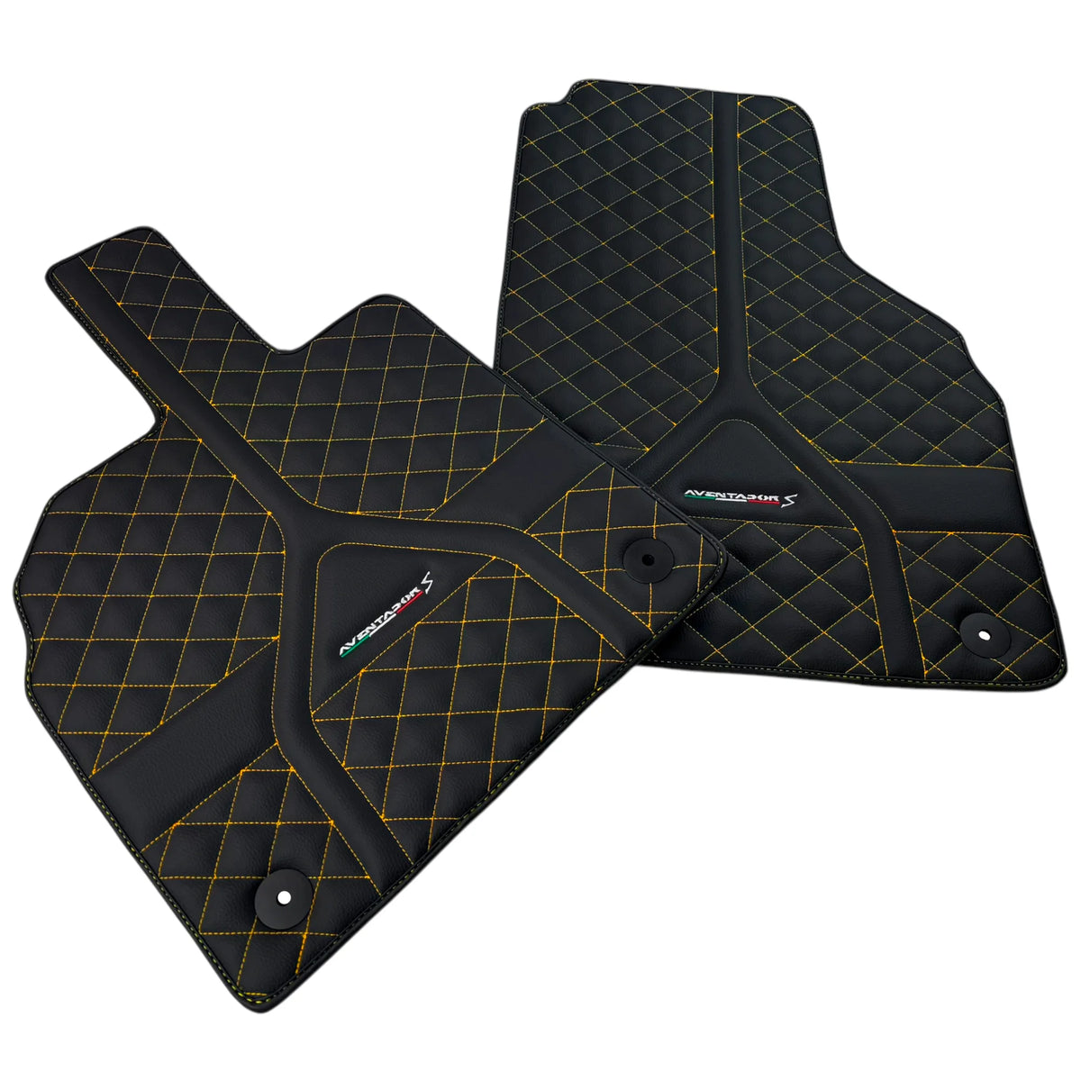 Customizable Black Leather Floor Mats for Lamborghini Aventador S | Yellow Stitching