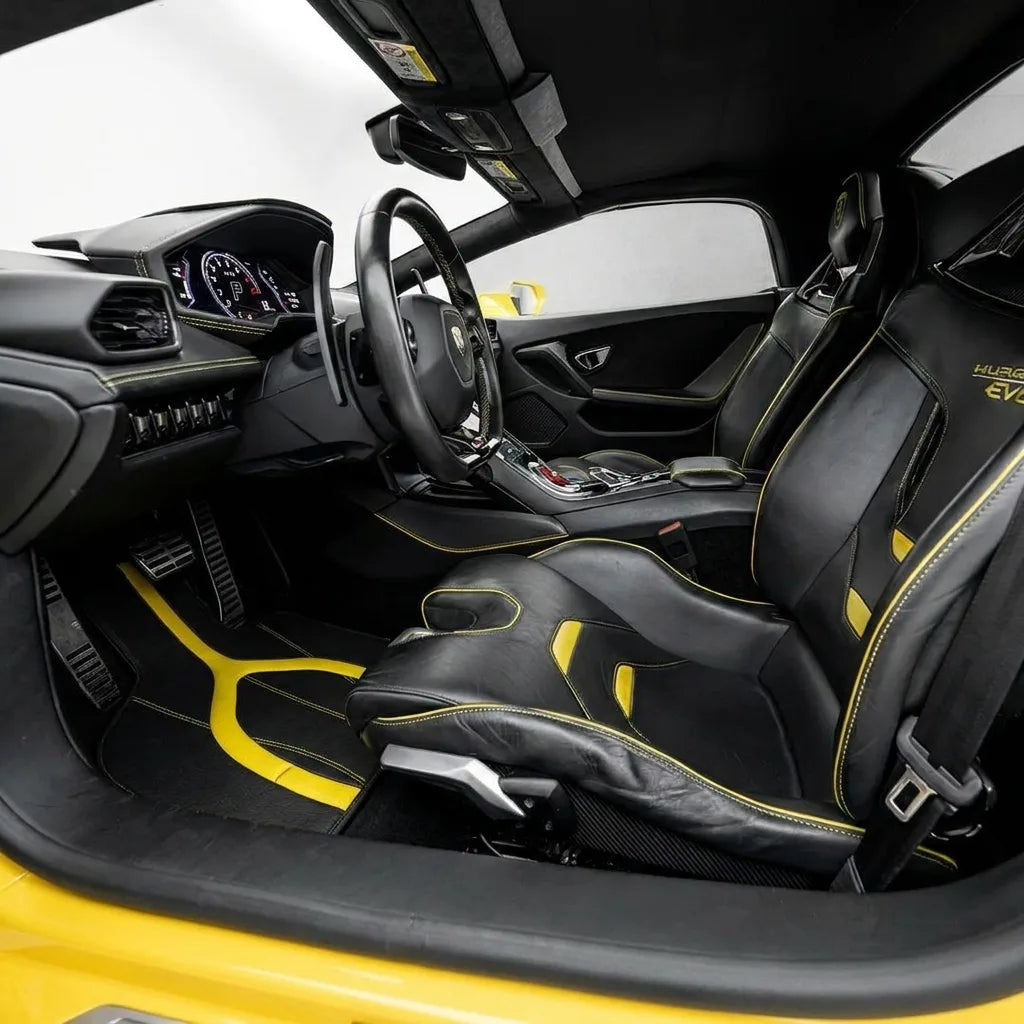 Customizable Leather Floor Mats with AW21 Pattern for Lamborghini Huracan EVO (2019-2024) inside the vehicle
