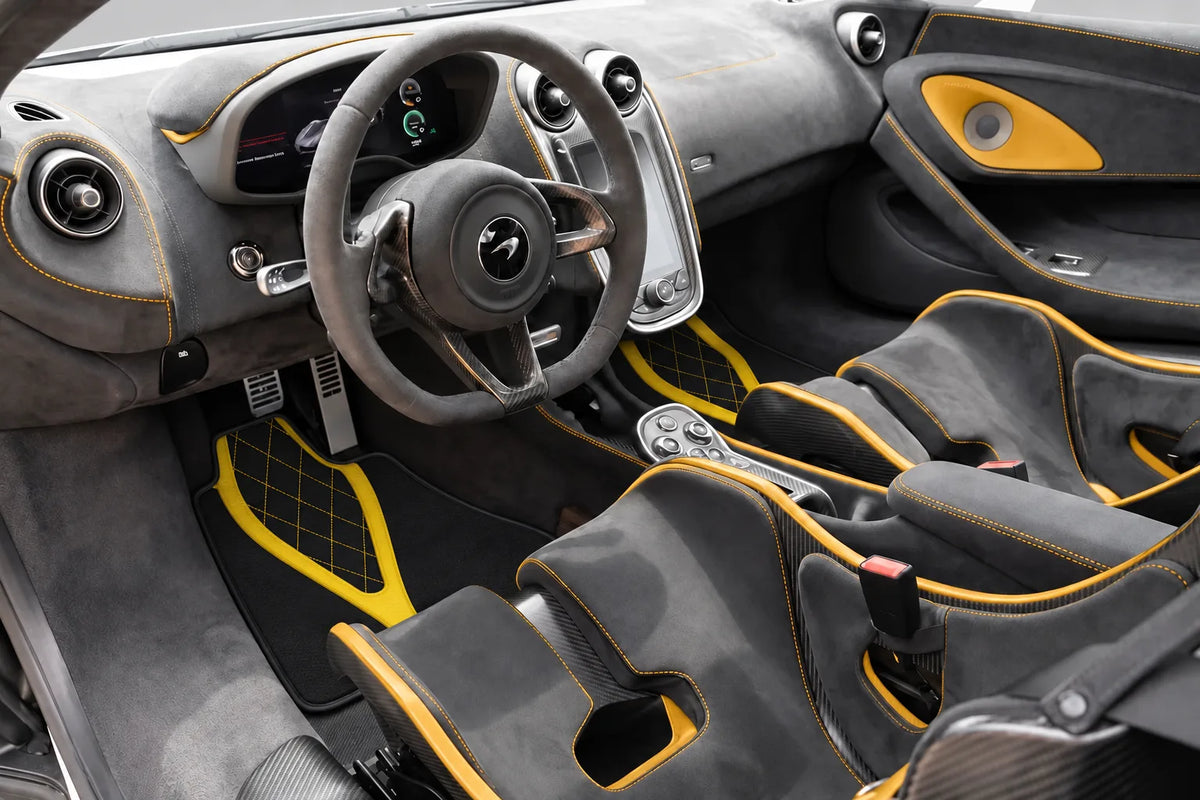 Customizable Leather Floor Mats with AW28 Pattern for McLaren 600LT (2018-2020) inside the vehicle