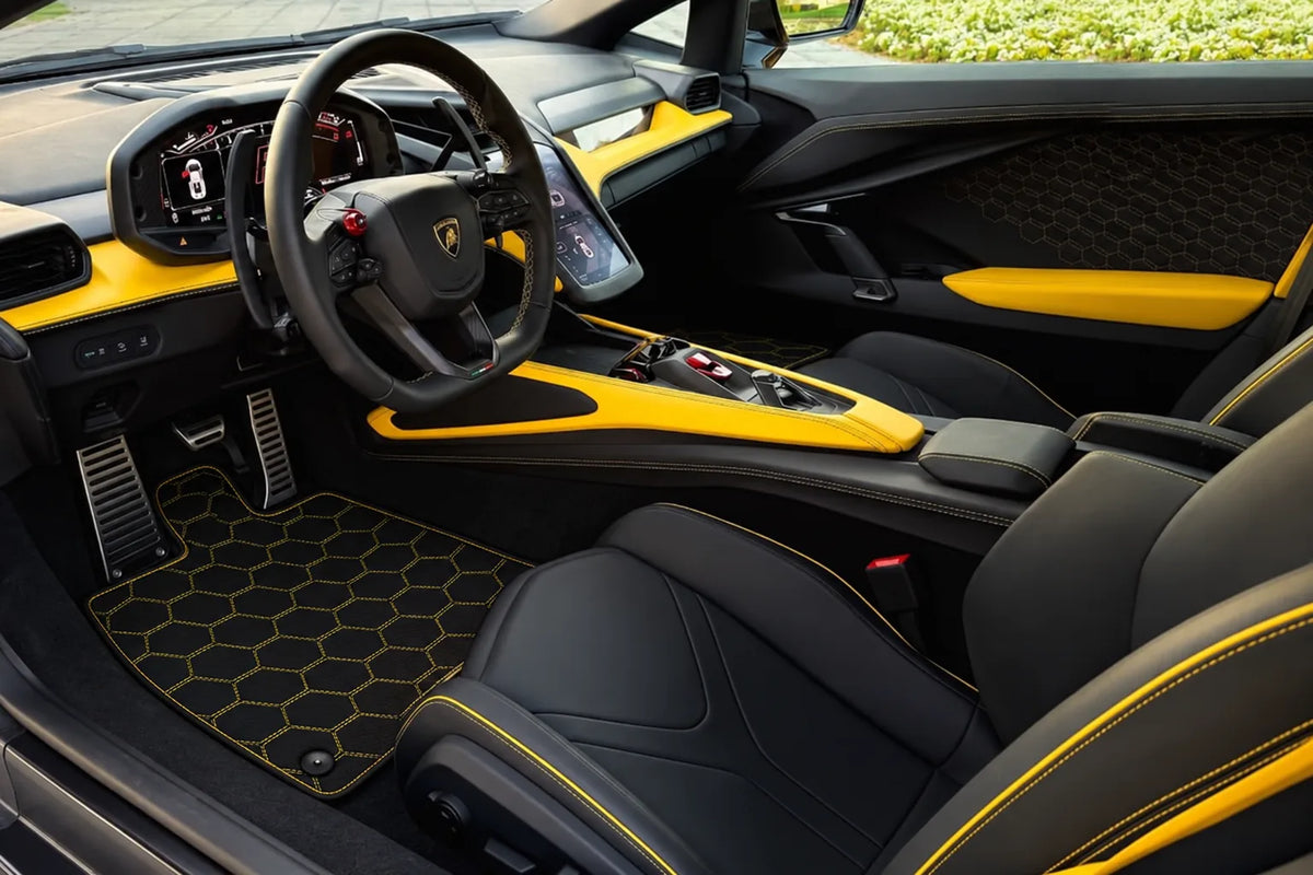 Customizable Leather Floor Mats with Divario Pattern for Lamborghini Revuelto (2024-2027) inside the vehicle