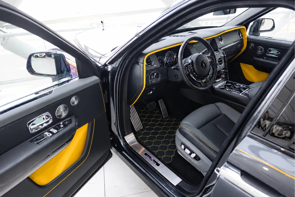 Customizable Leather Floor Mats with Divario Pattern for Rolls Royce Cullinan (2018-2025) inside the vehicle
