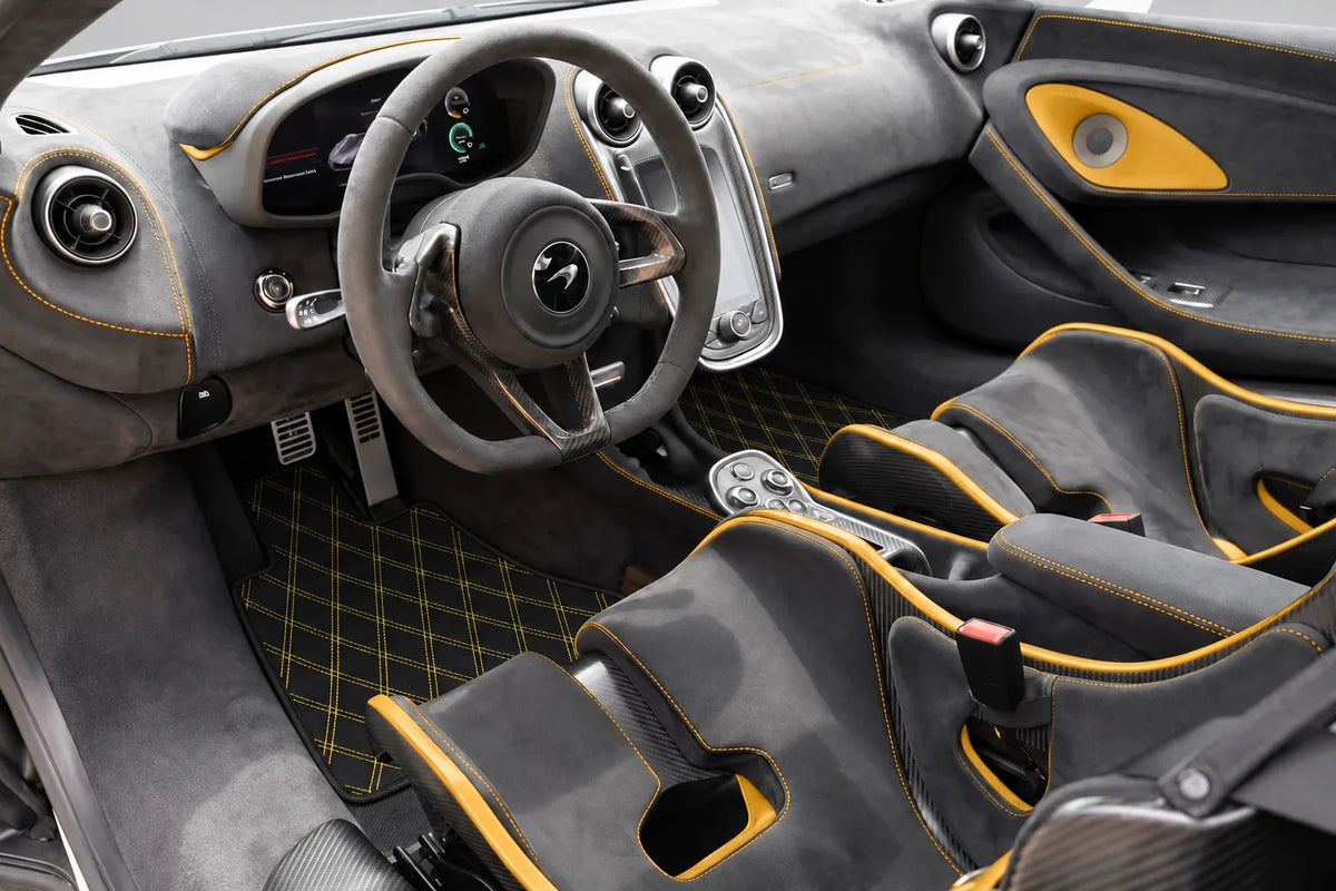 Customizable Leather Floor Mats with Double Diamond Pattern for McLaren 600LT (2018-2020) inside the vehicle