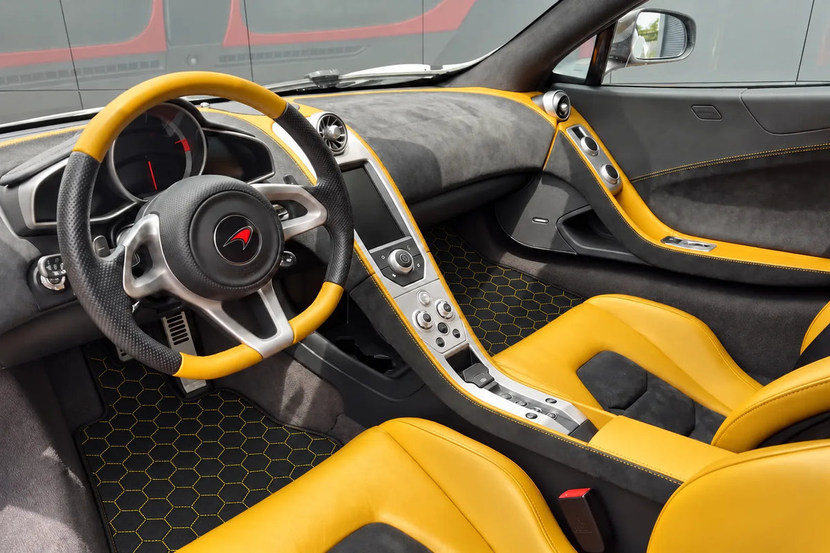 Customizable Leather Floor Mats with Hex Pattern for McLaren MP4-12C (2011–2014) inside the vehicle