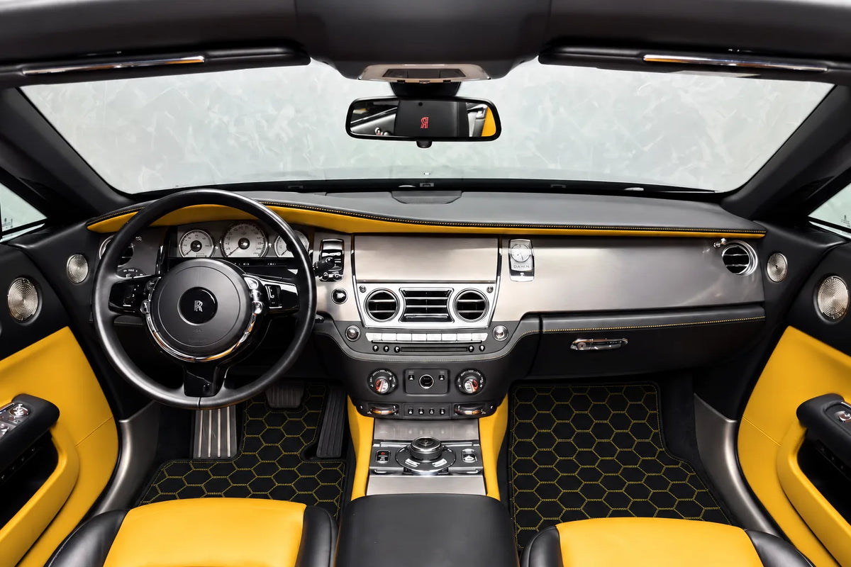 Customizable Leather Floor Mats with Hexagon Hex Pattern for Rolls Royce Dawn (2016-2023) inside the vehicle