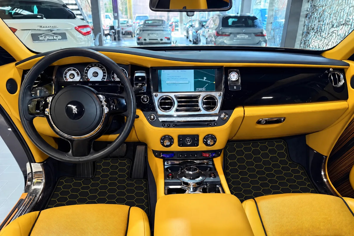 Customizable Leather Floor Mats with Hexagon Hex Pattern for Rolls Royce Wraith (2013–2023) inside the vehicle