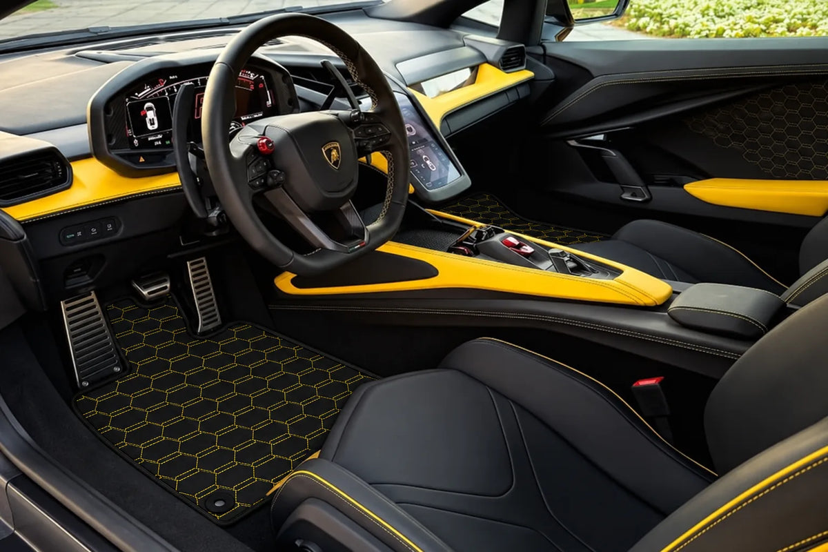 Customizable Leather Floor Mats with Interlaced Hex Pattern for Lamborghini Revuelto (2024-2027) inside the vehicle