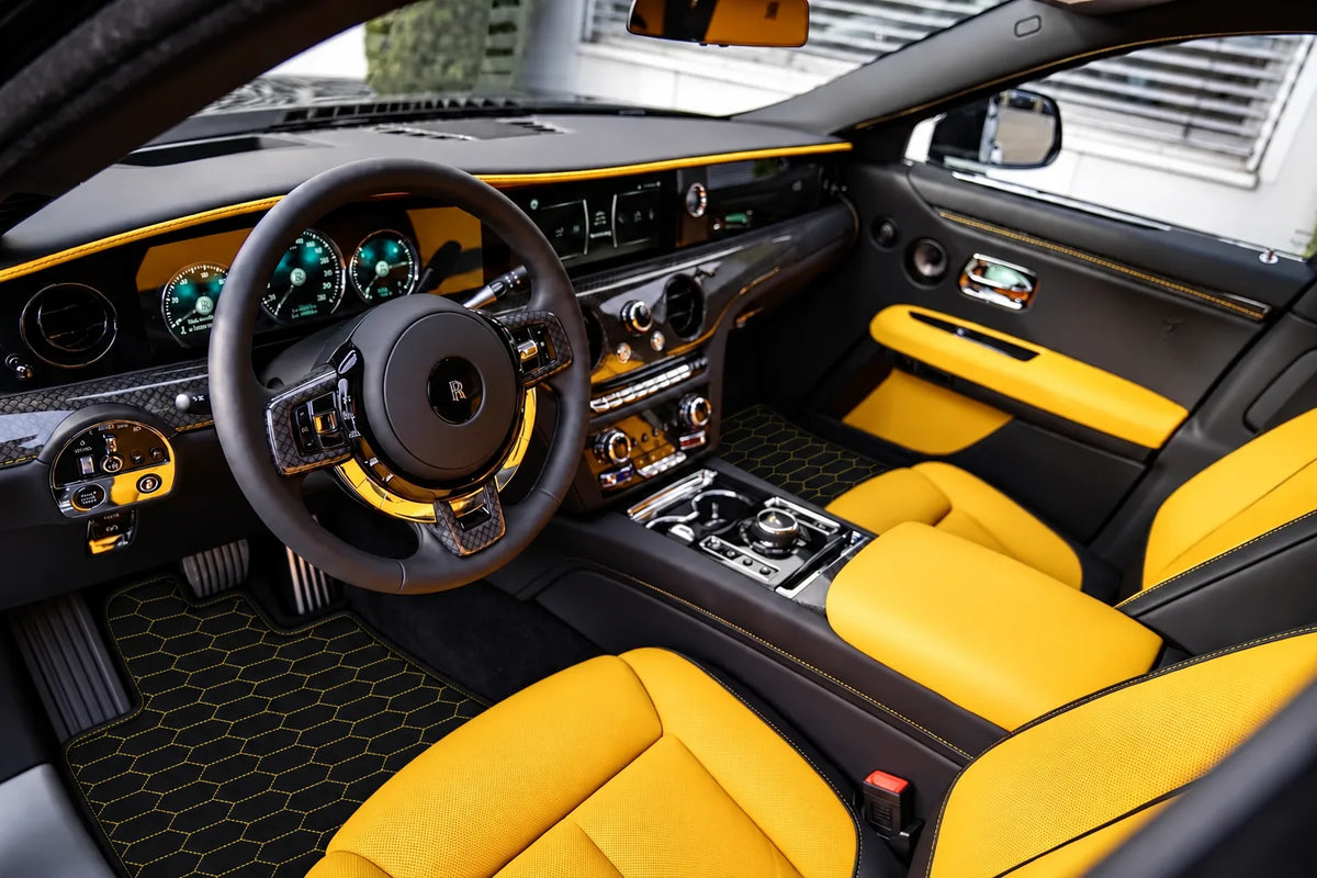 Customizable Leather Floor Mats with Raptor Hex Pattern for Rolls Royce Ghost Series II (2021–2024) inside the vehicle