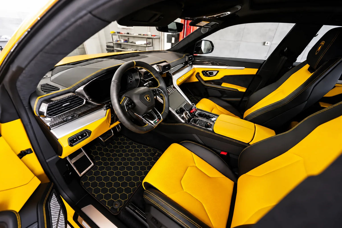 Customizable Leather Floor Mats with Symmetrical Hex Pattern for Lamborghini Urus (2018-2027) inside the vehicle