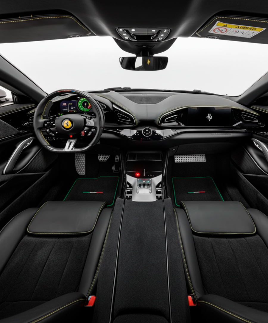 Black Floor Mats for Ferrari Purosangue with Green Trim | Italian Edition