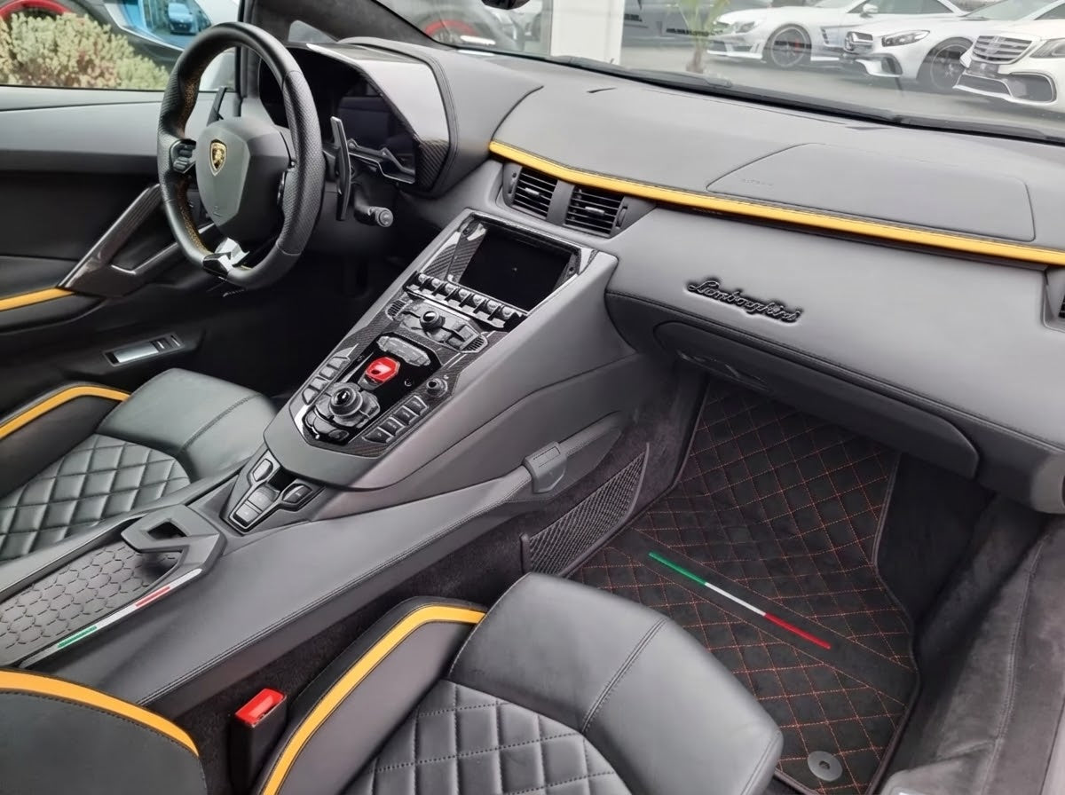 Interior look of floor mats for Customizable Alcantara Leather Floor Mats For Lamborghini Aventador | Red Stitching