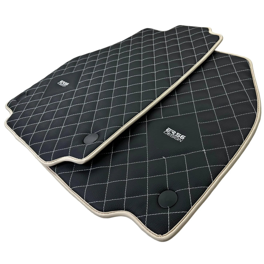 Leather Floor Mats for Ferrari 488 Spider 2015-2022 with White Sewing ER56 Design | Beige Trim - AutoWin