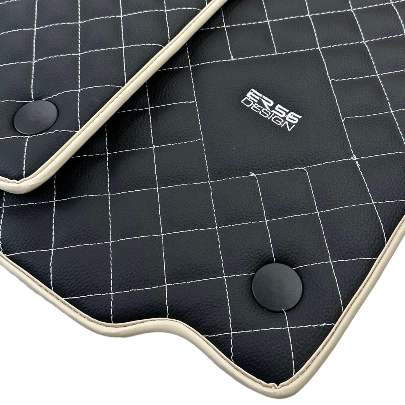 Leather Floor Mats for Ferrari 488 Spider 2015-2022 with White Sewing ER56 Design | Beige Trim - AutoWin