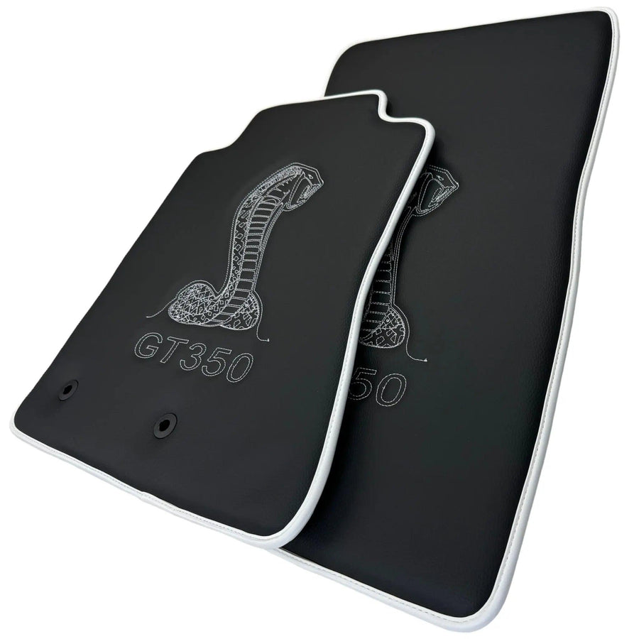 Leather Floor Mats for Ford Mustang GT350 Shelby (2015-2021) with Cobra Sewing | White Trim - AutoWin