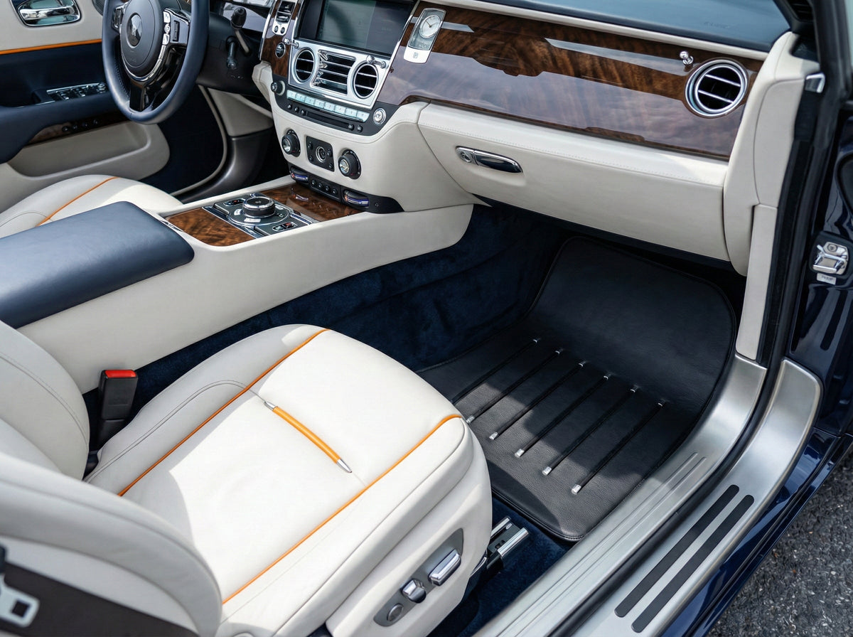 Interior look of floor mats for Leather Floor Mats For Rolls Royce Black Badge Dawn Rr6 2016-2023 Black