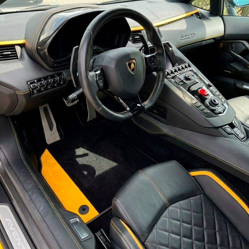 Customizable Black Floor Mats for Lamborghini Aventador with Yellow (Giallo Taurus) Nappa Leather