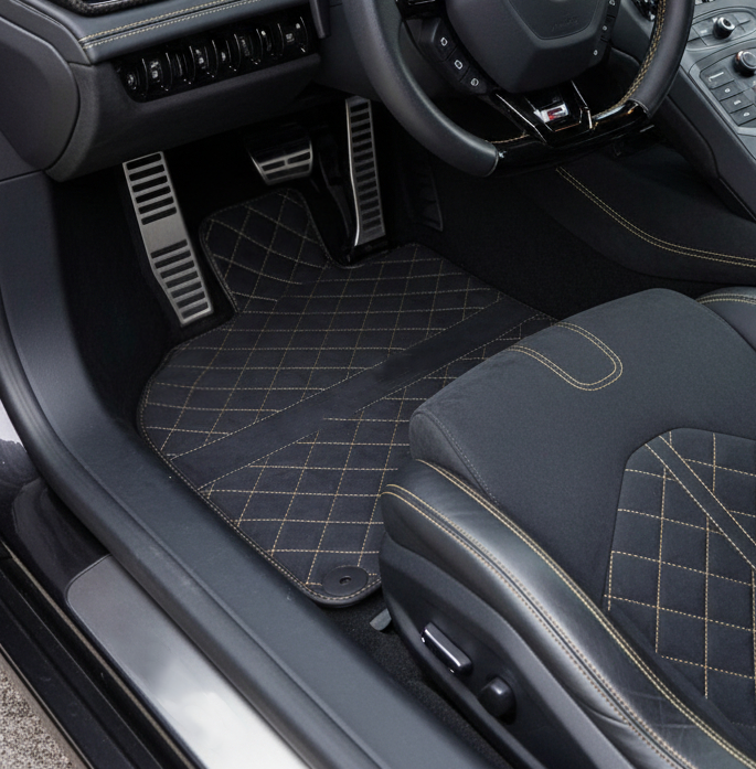 Custom Floor Mats for Lamborghini Huracan Perfomante Alcantara Leather Gold Trim