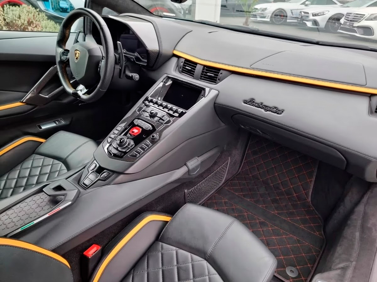 Interior look of floor mats for Customizable Alcantara Leather Floor Mats For Lamborghini Aventador | Red Stitching