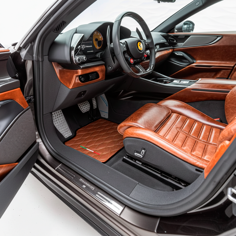 Brown Leather Viper Hex Pattern Floor Mats for Ferrari Purosangue (2023-2027) with Italian Flag