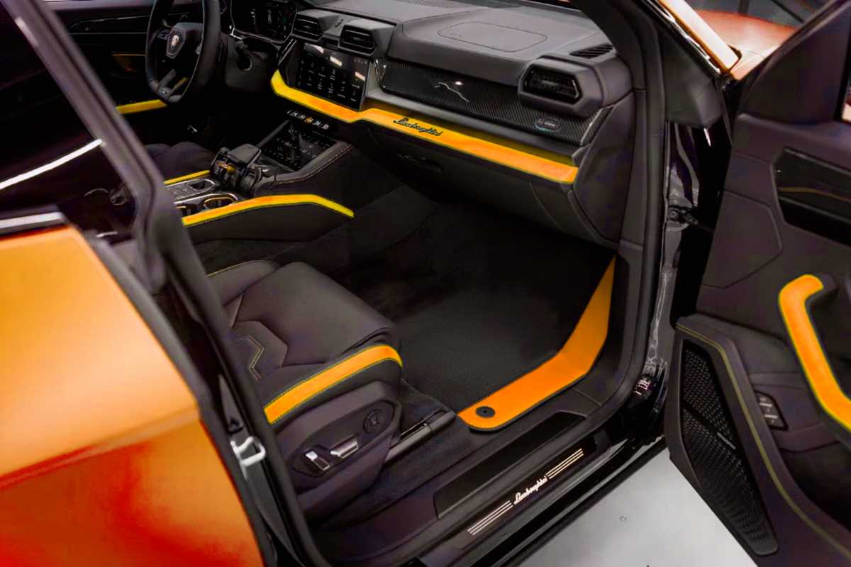 Interior look of floor mats for Customizable Black Floor Mats For Lamborghini Urus S With Orange Alcantara Leather