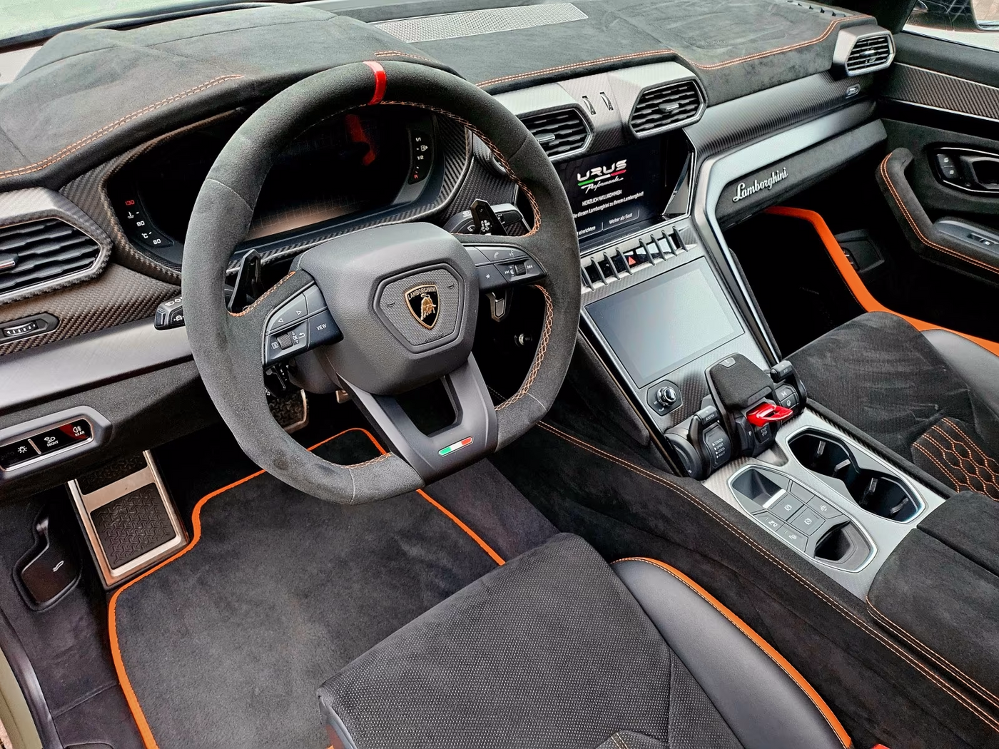 Customizable Floor Mats For Lamborghini Urus Black Tailored With Orange Rounds Carpets
