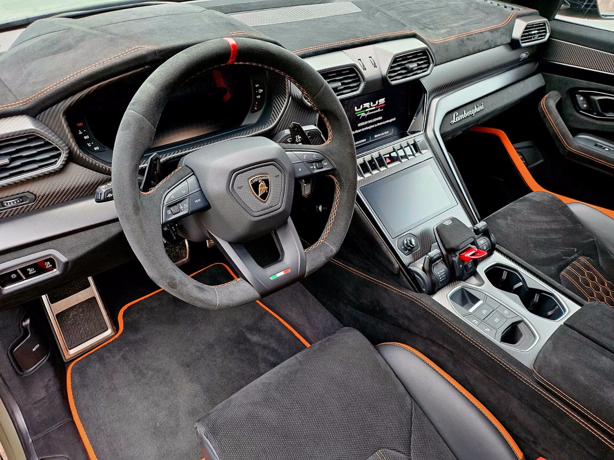 Interior look of floor mats for Customizable Floor Mats For Lamborghini Urus Black Tailored With Orange Rounds Carpets