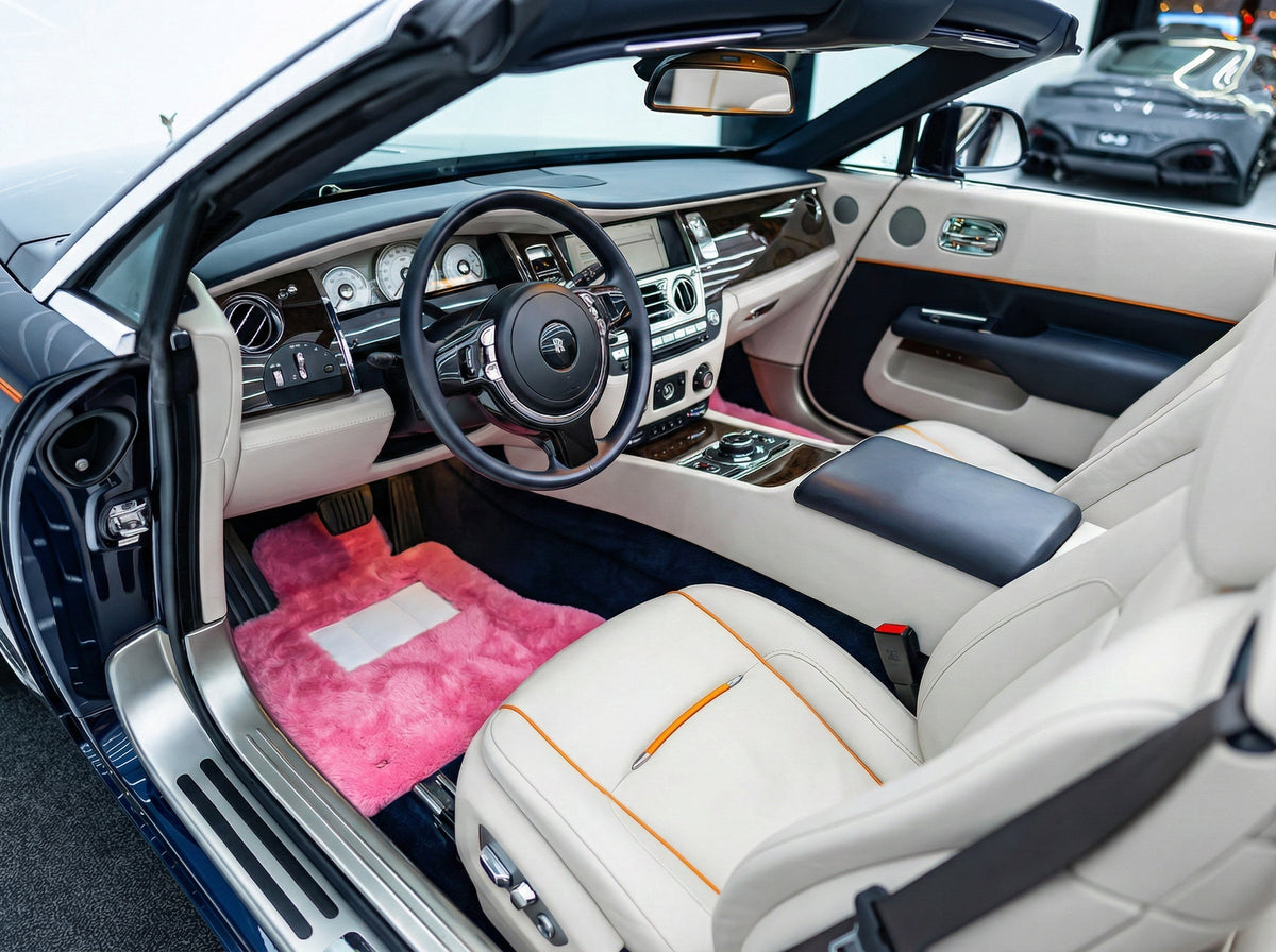 Interior look of floor mats for Pink Sheepskin Floor Mats For Rolls Royce Dawn Rr6 2016-2023 Er56 Design Brand