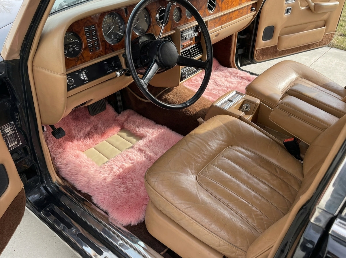 Interior look of floor mats for Pink Sheepskin Floor Mats For Rolls Royce Wraith 2013–2023 Er56 Design