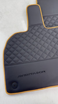 Black Leather Floor Mats For Lamborghini Aventador with Orange Trim