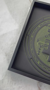 Black Leather Bitcoin Inspired Wall Art: Embroidered Green Stitch Luxury Decor