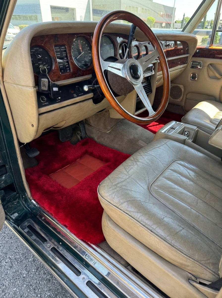 Interior look of floor mats for Red Sheepskin Floor Mats For Rolls Royce Wraith 2013–2023 Er56 Design
