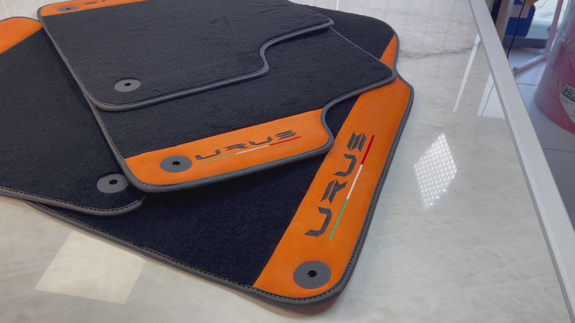 Black Floor Mats For Lamborghini Urus With Orange Alcantara Leather