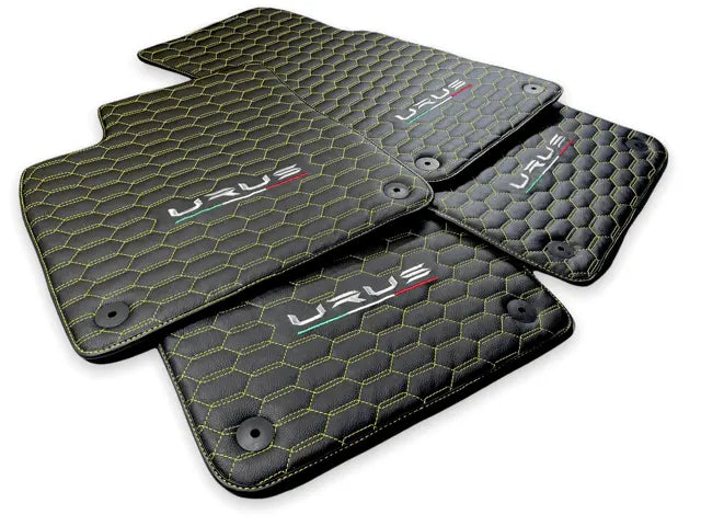 Floor Mats For Lamborghini Urus Leather Yellow Stitching - AutoWin