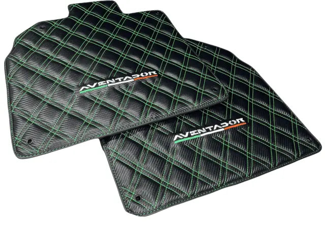 Floor Mats for Lamborghini Aventador Carbon Fiber Leather Green Stitching - AutoWin