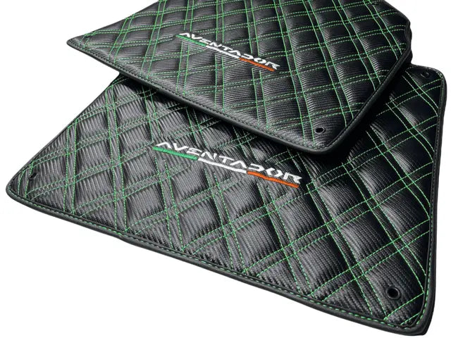 Floor Mats for Lamborghini Aventador Carbon Fiber Leather Green Stitching - AutoWin