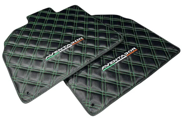 Floor Mats for Lamborghini Aventador Carbon Fiber Leather Green Stitching - AutoWin
