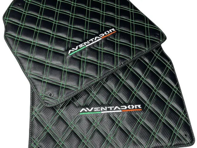 Floor Mats for Lamborghini Aventador Carbon Fiber Leather Green Stitching - AutoWin