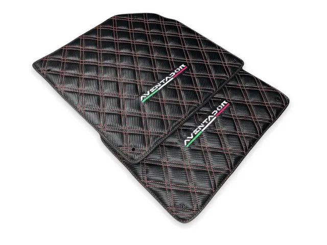 Floor Mats for Lamborghini Aventador Carbon Fiber Leather Red Stitching - AutoWin